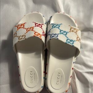Gucci White Slides with Multicolor GG Monogram